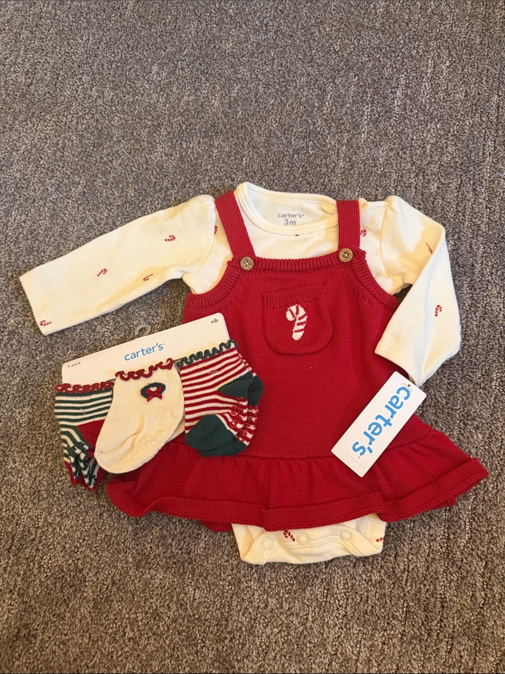 Carter's Red Knit Jumper Dress with Cream Bodysuit and Holiday Sock Trio